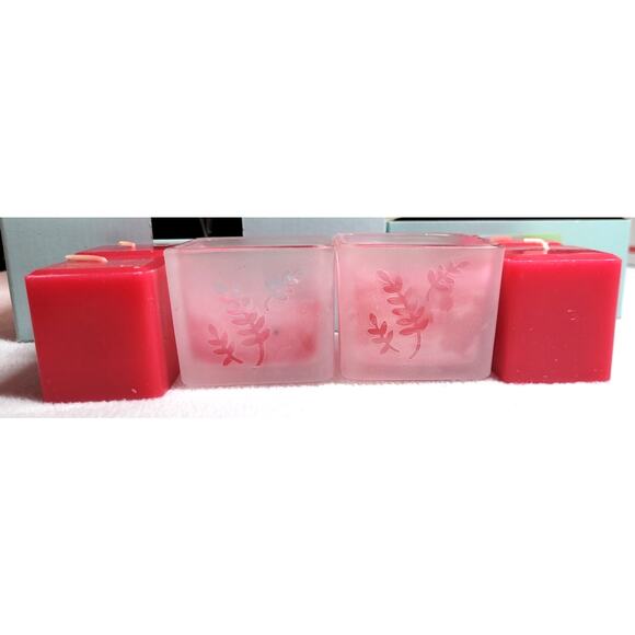 Partylite 4 Cherry Orchard Square Candle Votives 2 Frosted Fern Glass Holders - Picture 2 of 6